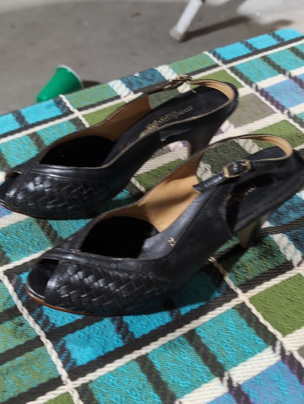 Vintage Mademoiselle Black Woven Leather Sling Back Heels